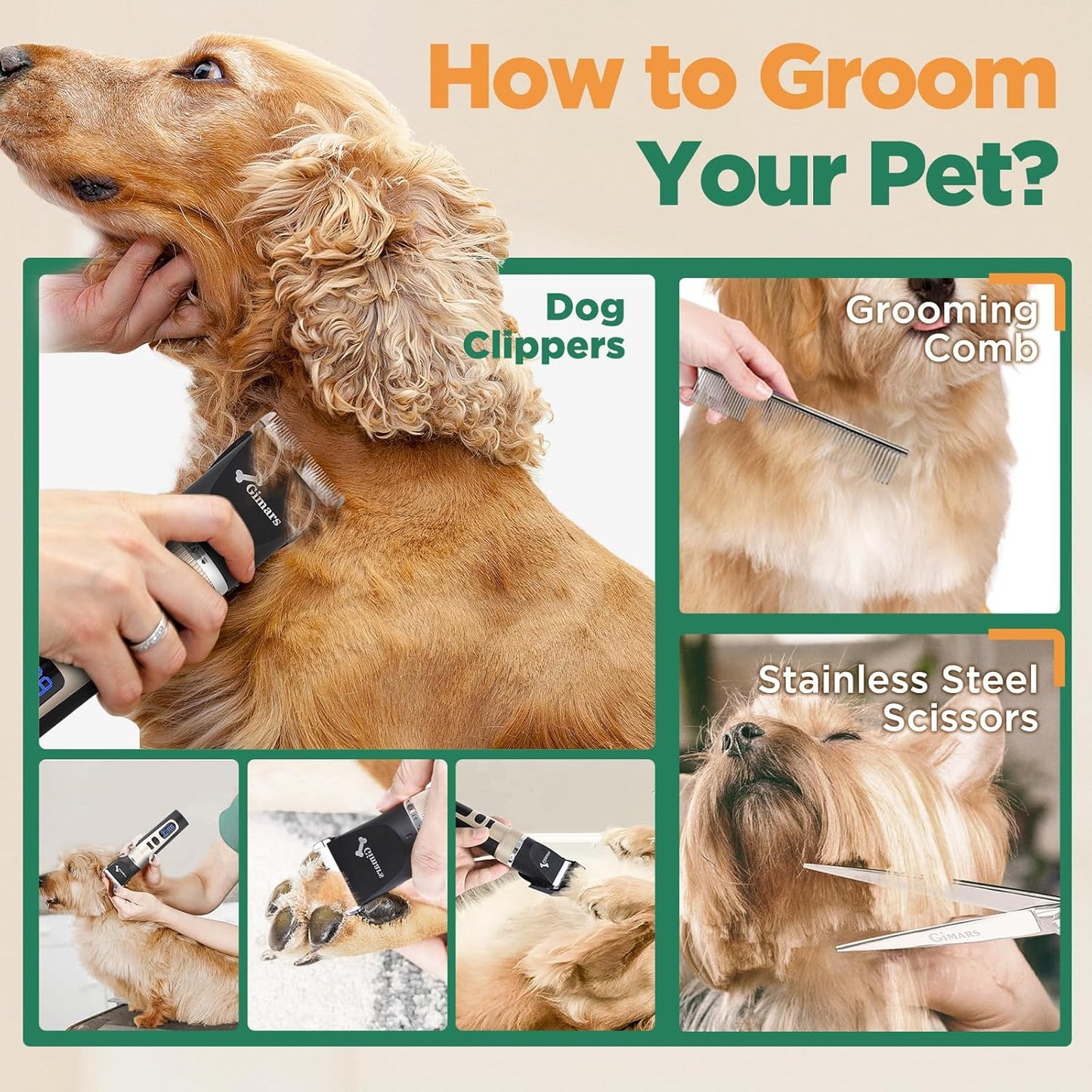 Professional 7000Rpm Low Noise 55Db Cordless Rechargeable Dog Clippers, 3.0 Motor Powerful Dog Long Hair Trimmer Grooming Shaver Kit, Electric Pet Hair Clippers for Cat, Horse
