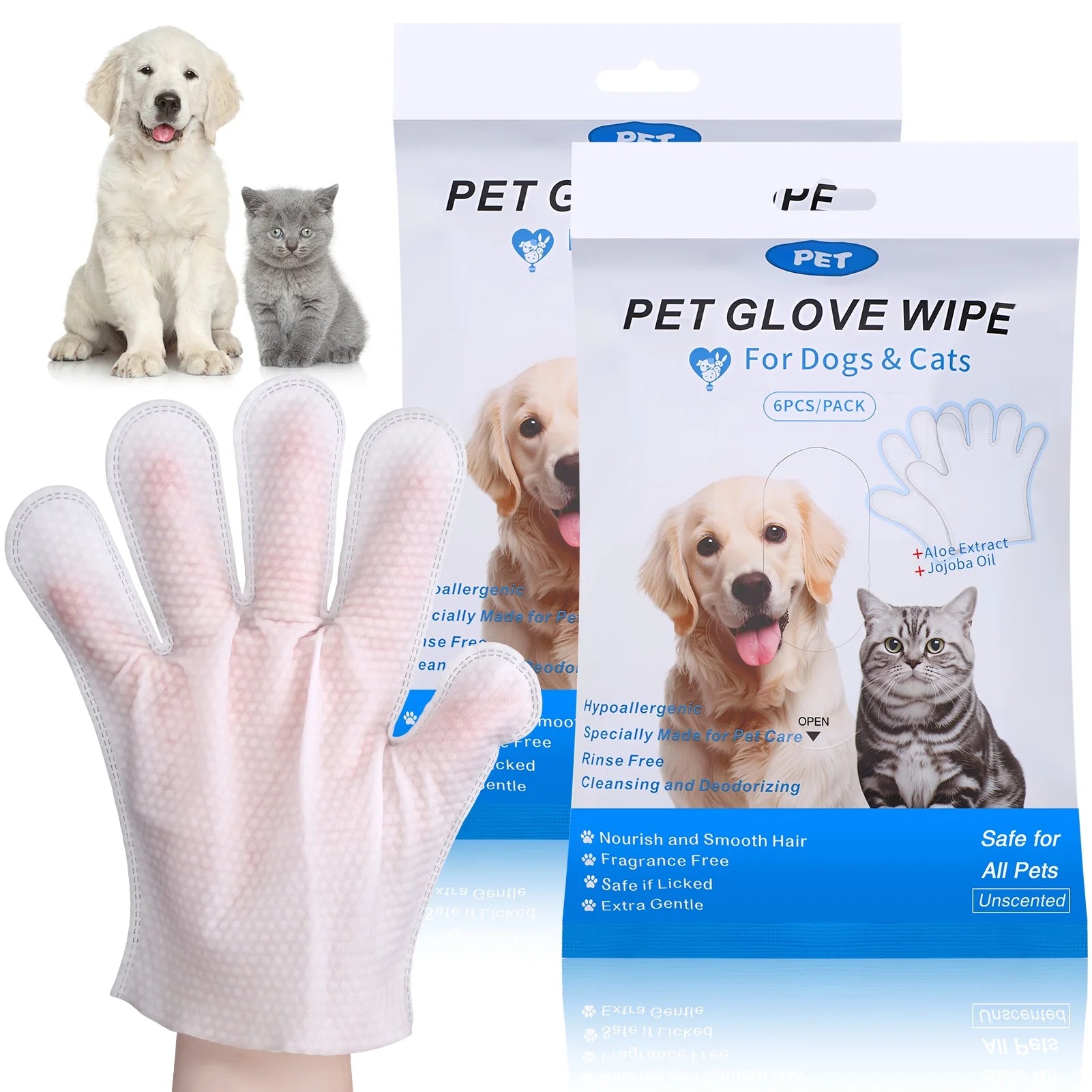 12 Pcs Pet Glove Wipes for Dogs and Cats, Rinse-Free Pet Grooming Cleaning Gloves, Thickened Dog Washing Bath Gloves, Cat Wipes Cleaning Fur and Butt, Hypoallergenic Deodorizing Wipes
