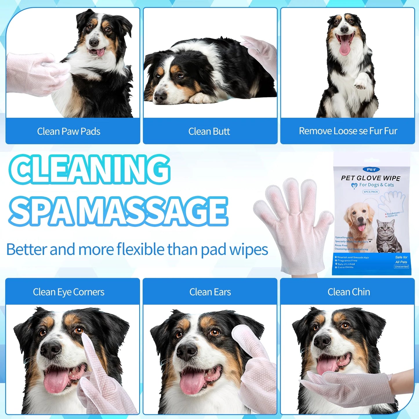 12 Pcs Pet Glove Wipes for Dogs and Cats, Rinse-Free Pet Grooming Cleaning Gloves, Thickened Dog Washing Bath Gloves, Cat Wipes Cleaning Fur and Butt, Hypoallergenic Deodorizing Wipes