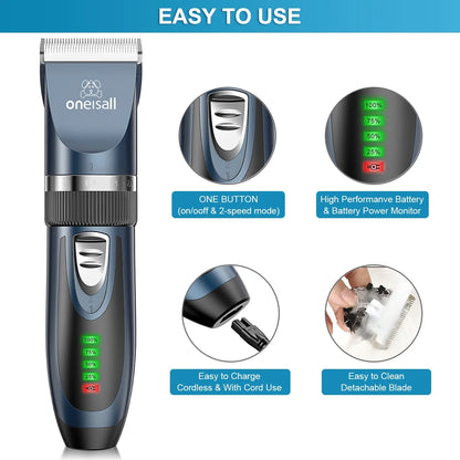 Dog Clippers 50Db Low Noise, 2-Speed Quiet Dog Grooming Kit Rechargeable Cordless Pet Hair Clipper Trimmer Shaver for Small and Large Dogs Cats Animals - Navy