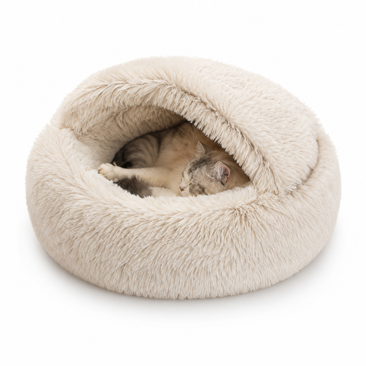 Round Plush Hooded Cat Bed Cave – Calming Washable Pet Bed