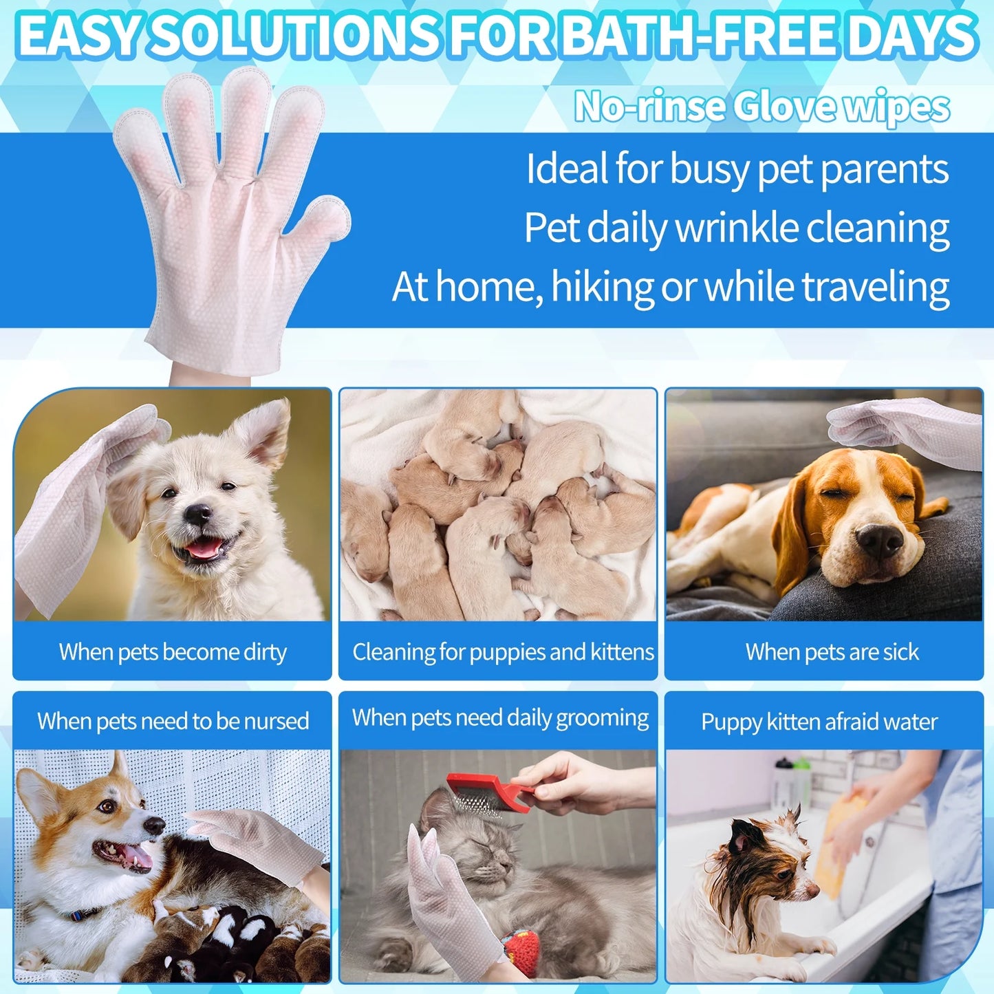12 Pcs Pet Glove Wipes for Dogs and Cats, Rinse-Free Pet Grooming Cleaning Gloves, Thickened Dog Washing Bath Gloves, Cat Wipes Cleaning Fur and Butt, Hypoallergenic Deodorizing Wipes