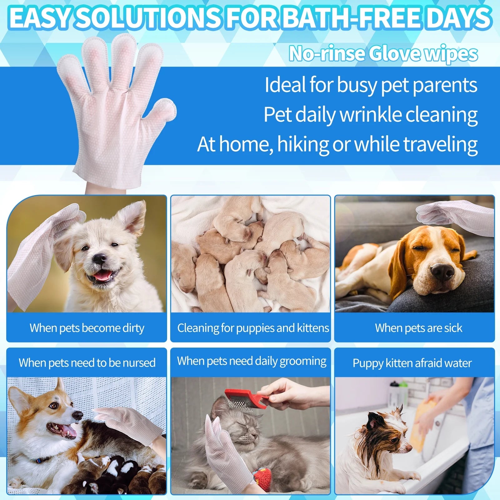 12 Pcs Pet Glove Wipes for Dogs and Cats, Rinse-Free Pet Grooming Cleaning Gloves, Thickened Dog Washing Bath Gloves, Cat Wipes Cleaning Fur and Butt, Hypoallergenic Deodorizing Wipes