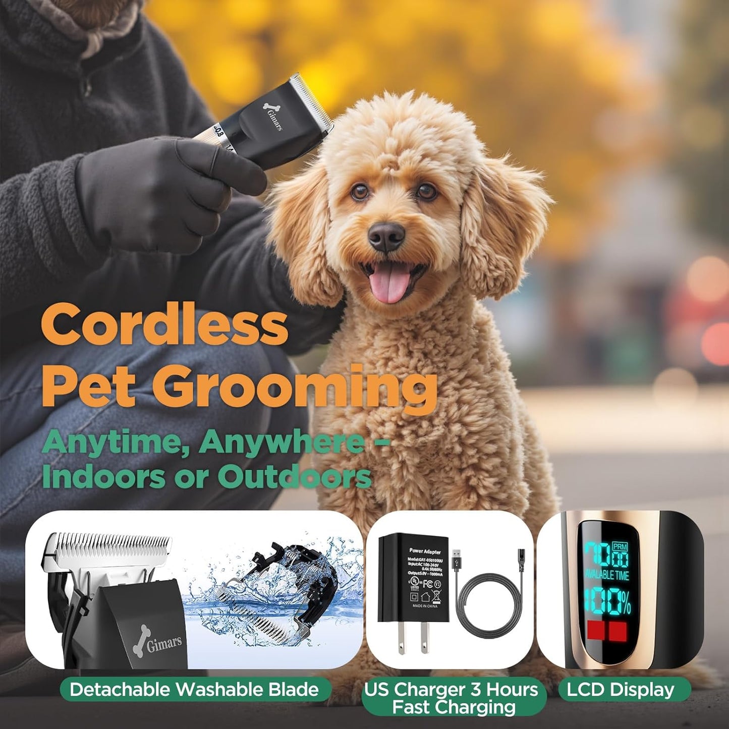 Professional 7000Rpm Low Noise 55Db Cordless Rechargeable Dog Clippers, 3.0 Motor Powerful Dog Long Hair Trimmer Grooming Shaver Kit, Electric Pet Hair Clippers for Cat, Horse